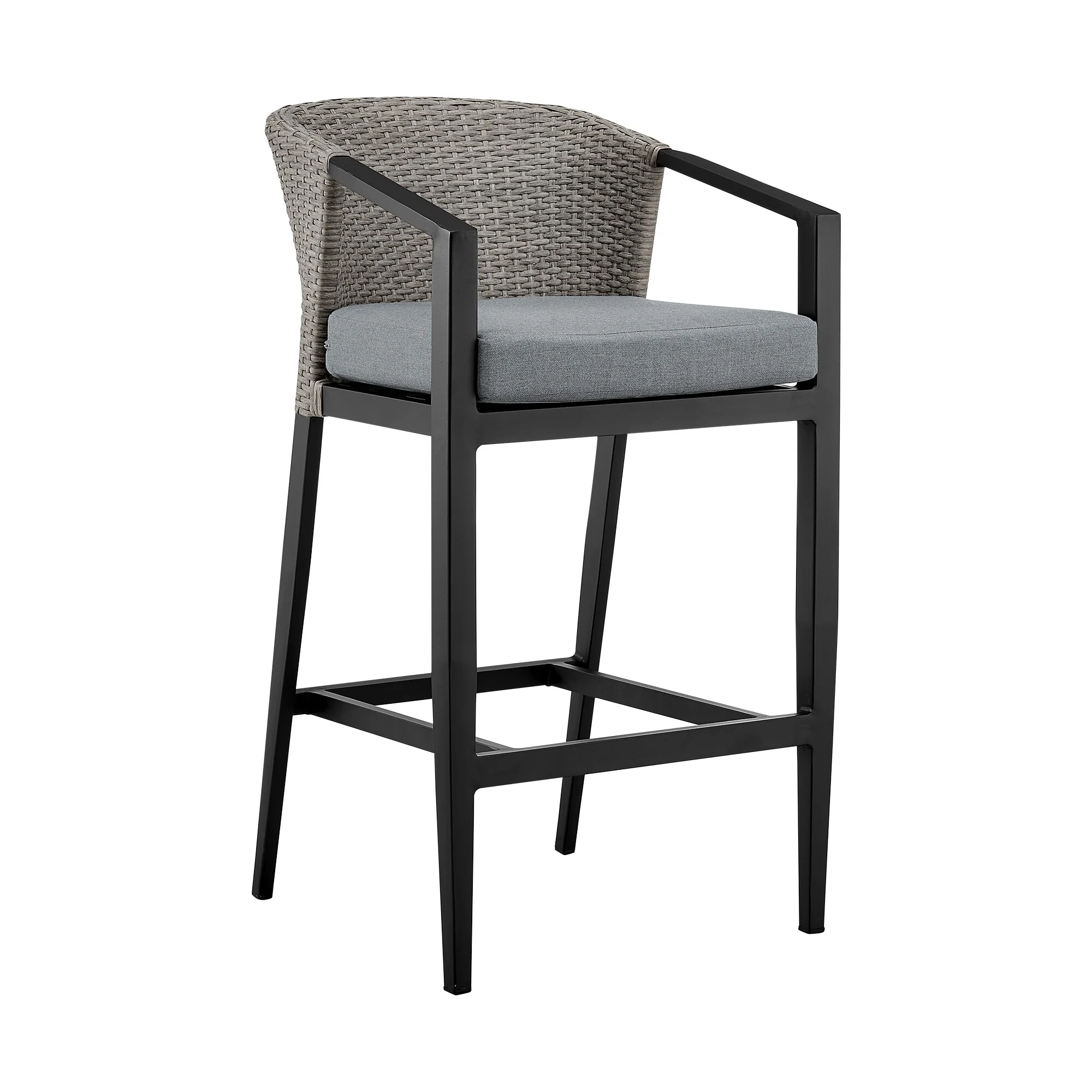 Aileen Outdoor Patio Counter Height Bar Stool in Aluminum and Wicker with Gray Cushions - Image 2