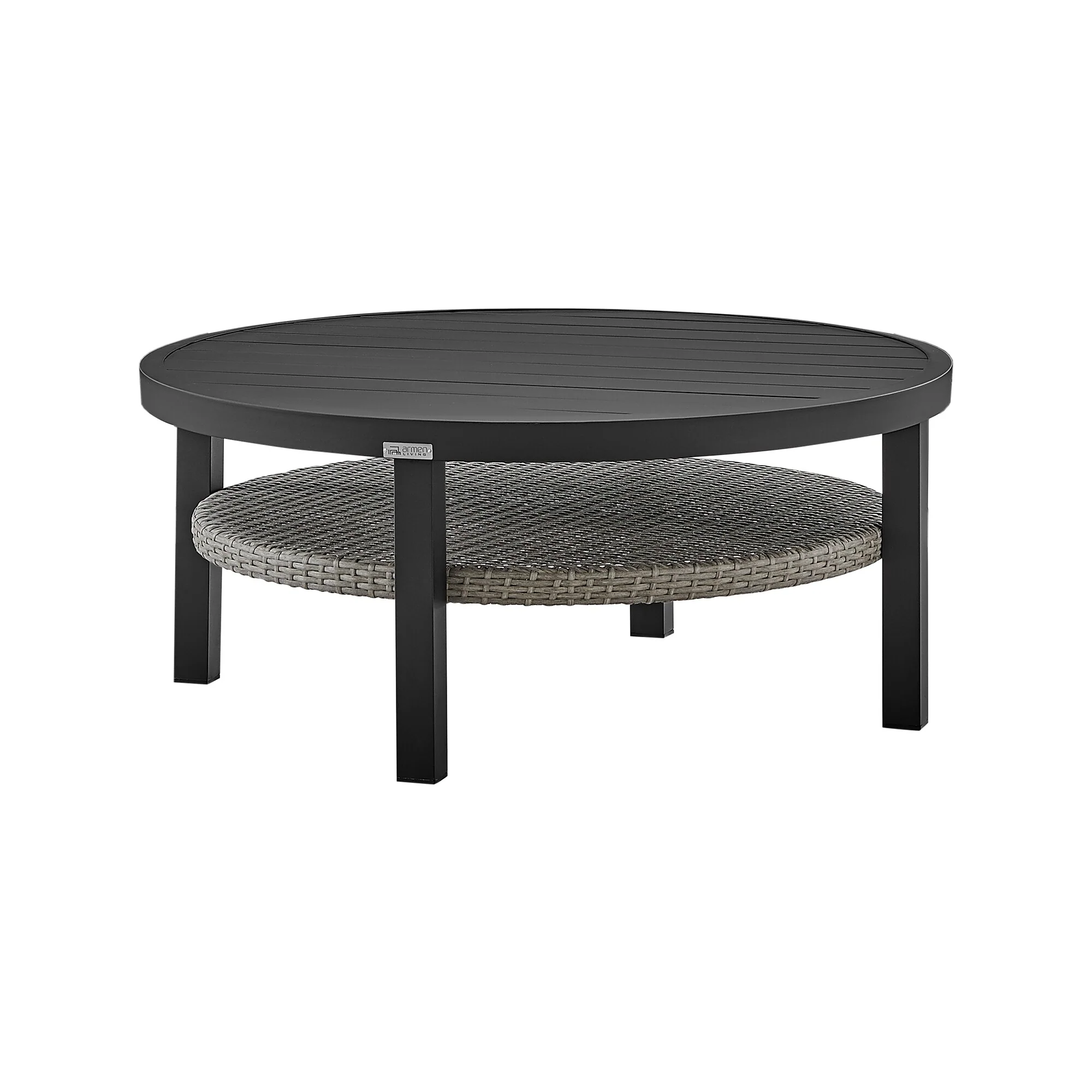 Aileen Outdoor Patio Round Coffee Table in Black Aluminum with Gray Wicker Shelf - Image 2