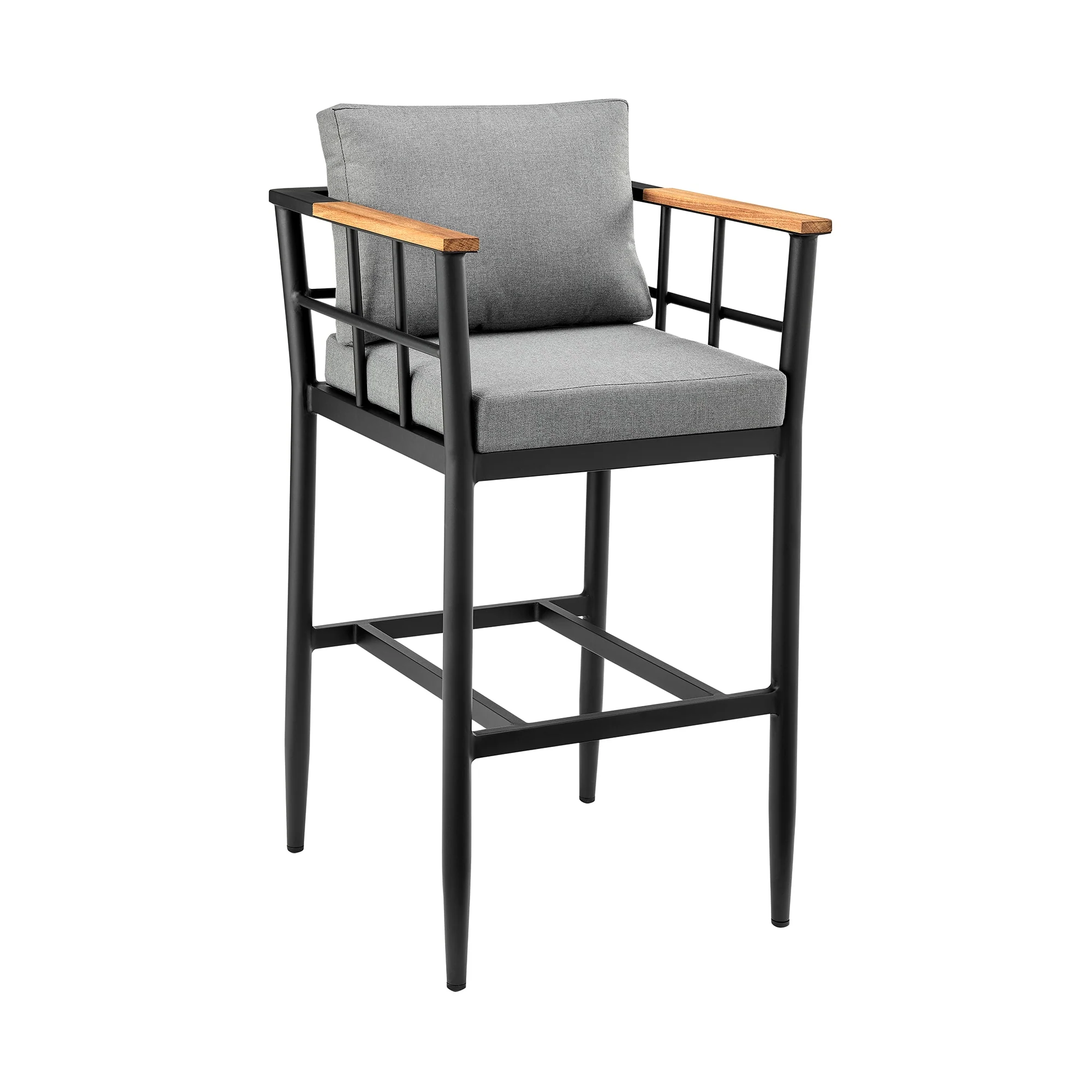 Wiglaf Outdoor Patio Bar Stool in Aluminum and Teak with Gray Cushions - Image 2